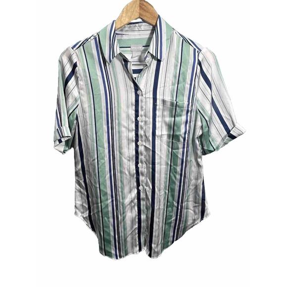 Chico’s Chicos Satin Button Down Short Sleeve Blouse Size 0 Small Striped Green - Picture 1 of 7